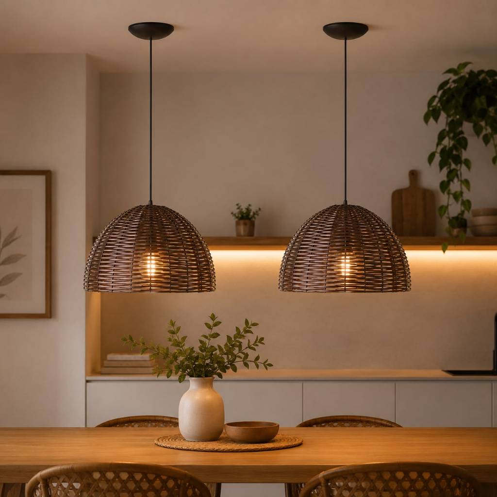Kit 2 Luminárias Pendente Rattan Vime Natural E27 para Sala Jantar Cozinha Decoração Moderna