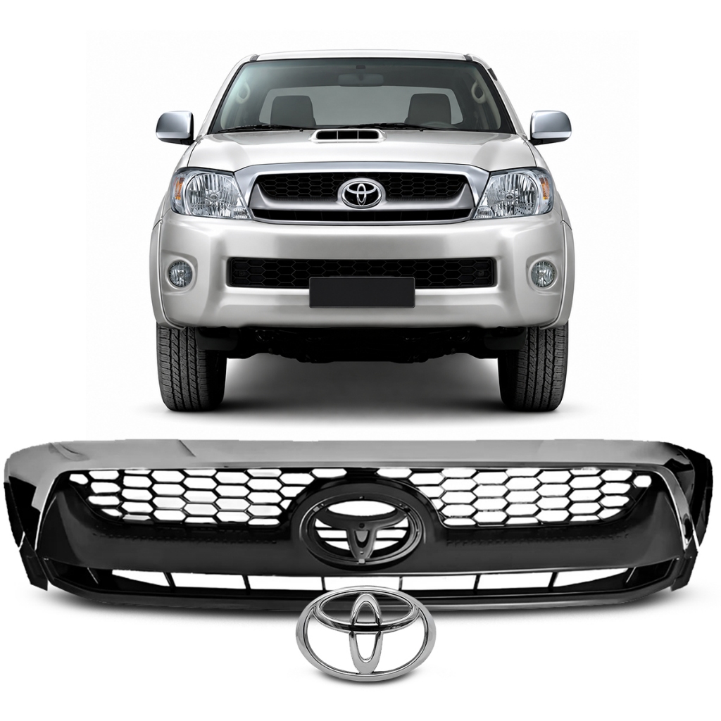 Grade Radiador  + Emblema Hilux 2009 a 2011 Cinza Com Friso Cromado
