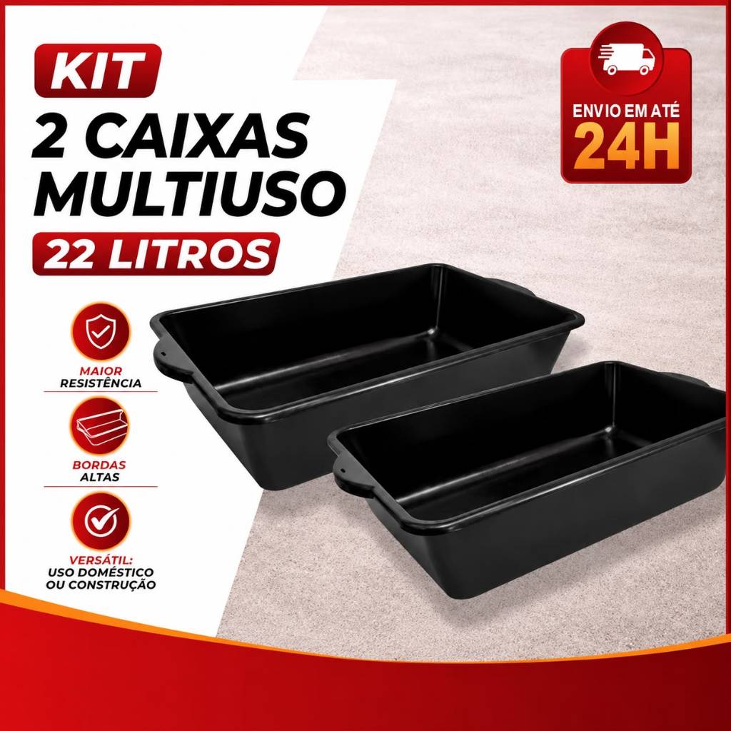 KIT 2 Caixas de Massa 22 LITROS MULTIUSO Construção Resistente Caçamba Concreto Massa Areia Gatos
