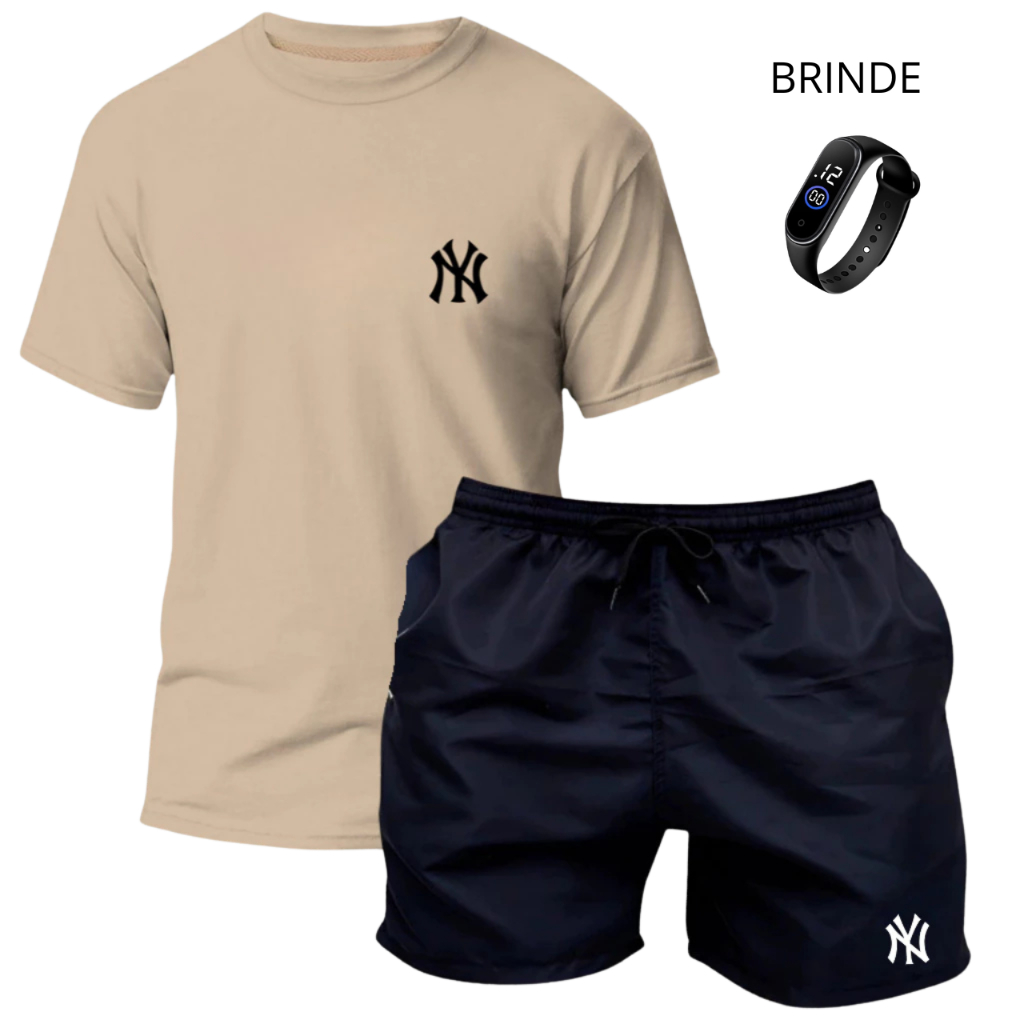 Promoção Kit Camiseta algodão e Short Tectel Masculino Bermuda Mauricinho Praia Academia + Relógio prova D' agua