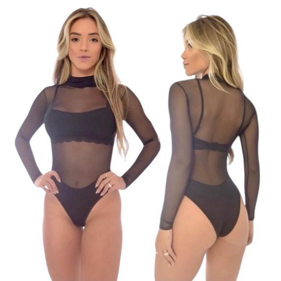 Body Feminino Manga Longa em Tule Transparente com Modelagem Ajustada elegante