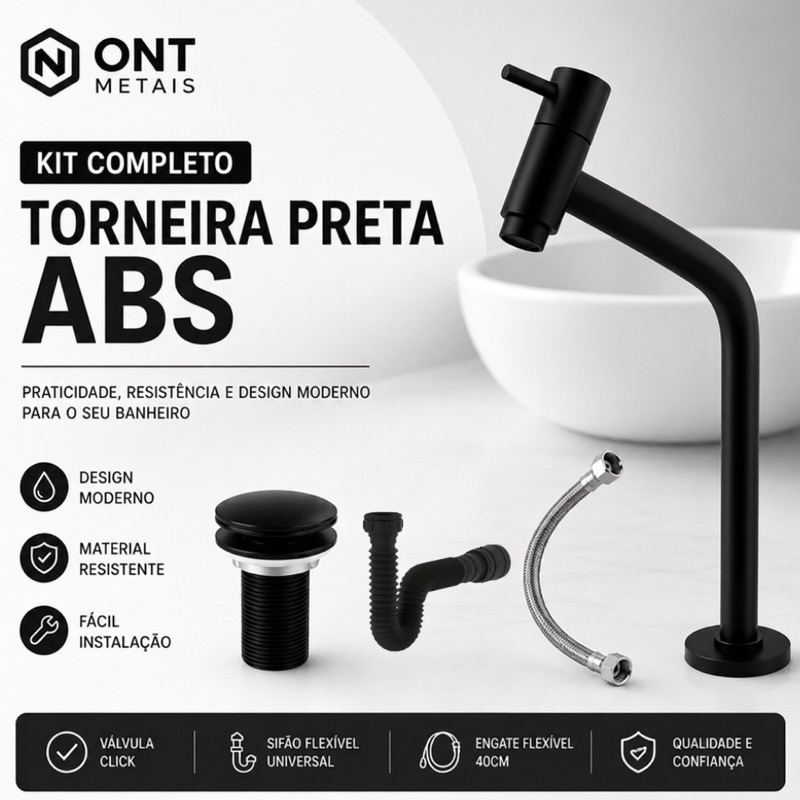 Kit Torneira Preta em ABS , Válvula Click e Sifão Flexível Universal + Engate Flexível 40cm