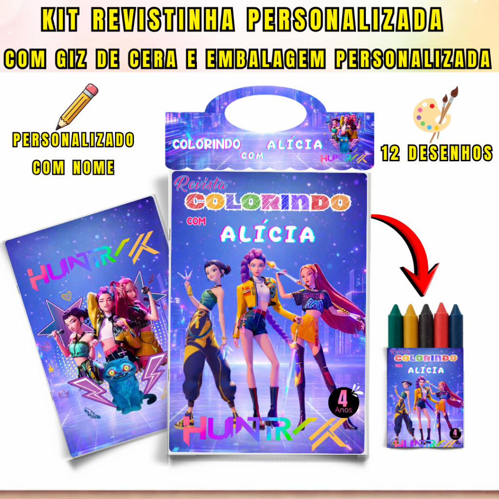 Kit Livrinho de Colorir Infantil Personalizado + Giz de Cera | Lembrancinha Aniversário Revistinha Guerreiras do K Pop