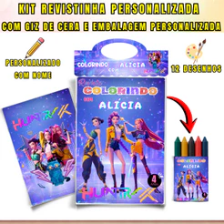 Kit Livrinho de Colorir Infantil Personalizado + Giz de Cera | Lembrancinha Aniversário Revistinha Guerreiras do K Pop