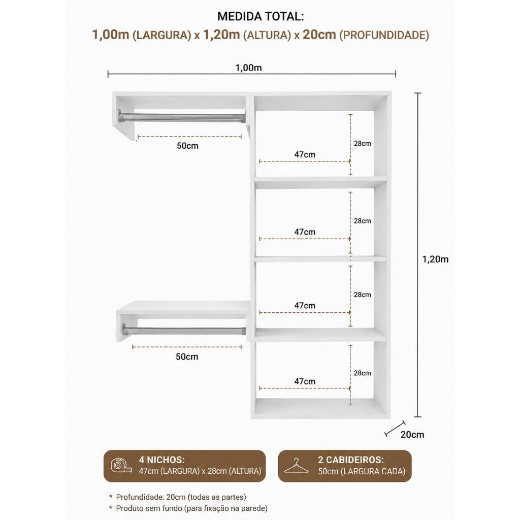 Closet Aberto Arara Suspenso Cabideiro de Parede MDF