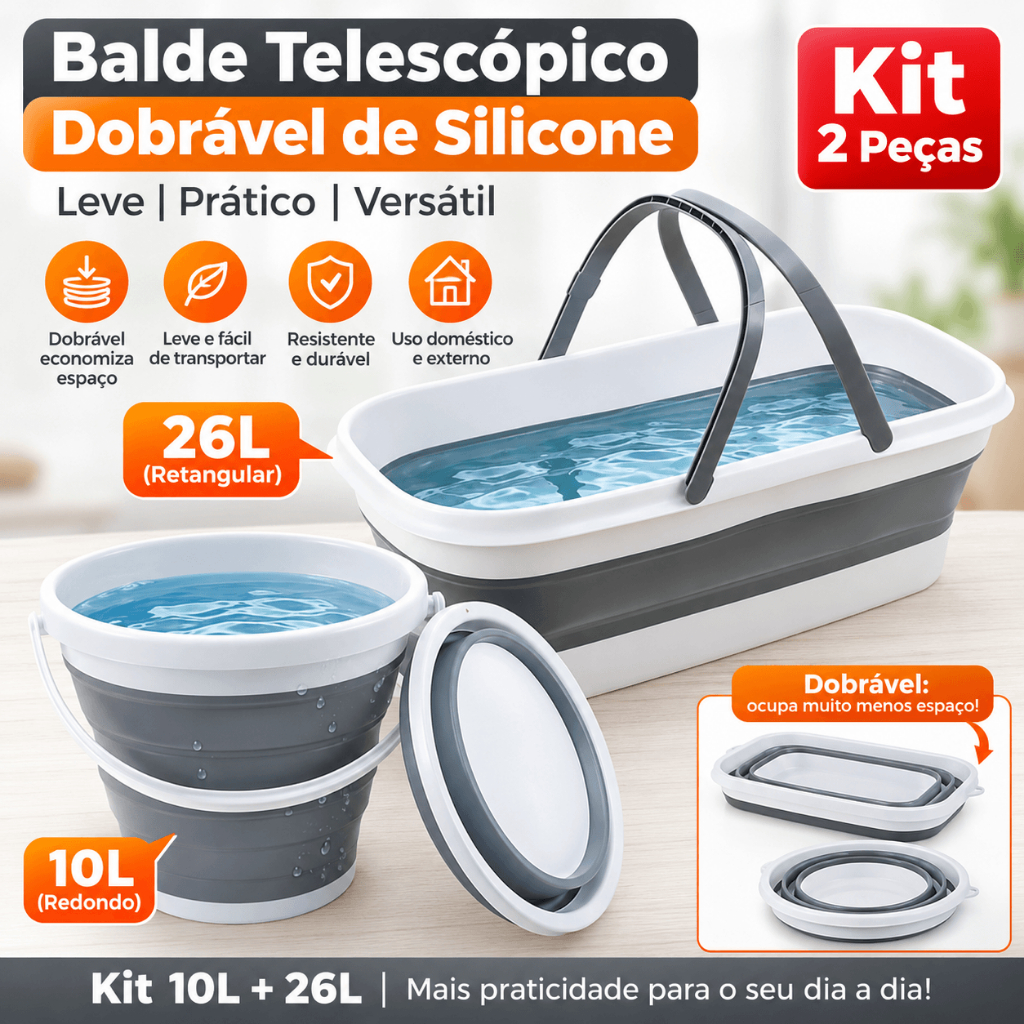 Kit Balde Dobrável em Silicone 10L e 26L, Compacto e Multiuso para Casa