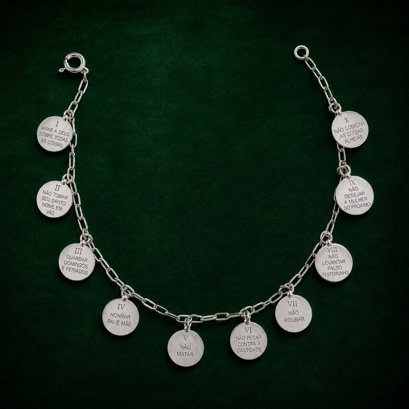Pulseira Medalhas Dez Mandamentos em Prata 925 Feminina