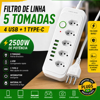 Filtro de Linha 5 Tomadas 4 USB 1 Type-C 2500W Bivolt Extensão Elétrica Régua de Tomada