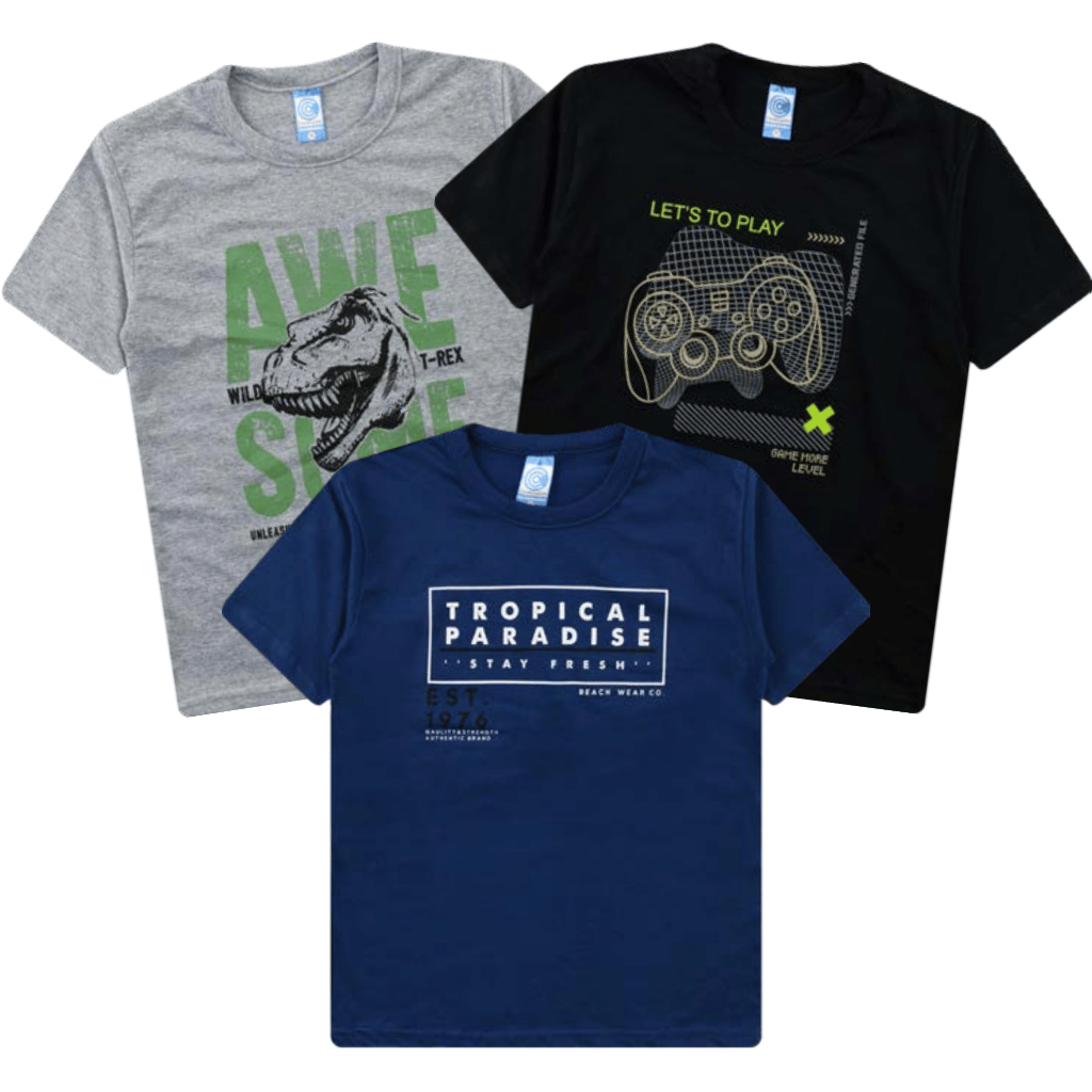Kit 3 Camisetas Verão Estampadas para meninos Tam 1 ao 16 | Cores Sortidas
