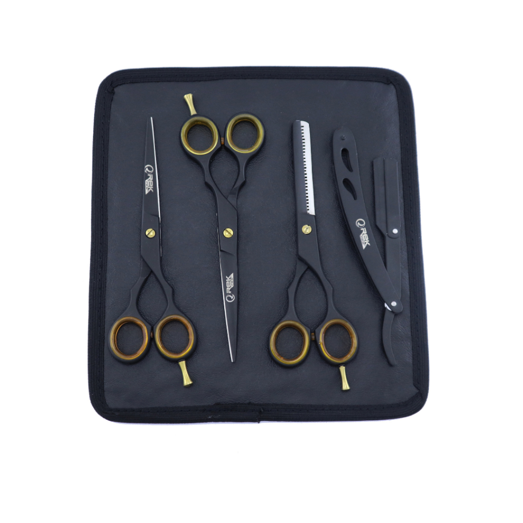 Detalhes do Kit Profissional Tesouras Cabelo Barbeiro + Navalhete Aço