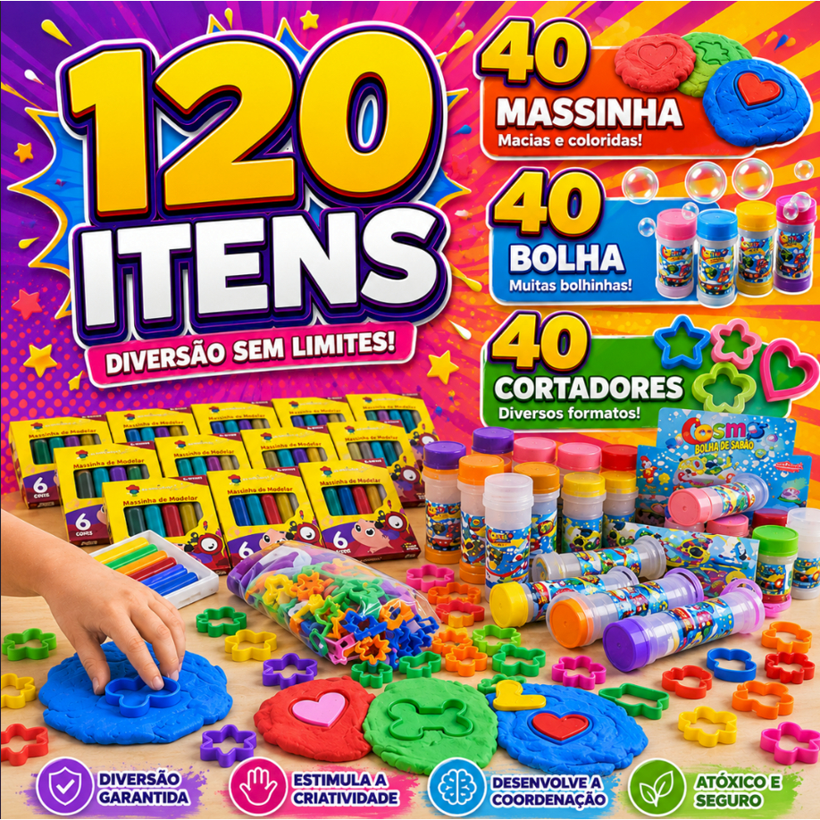 Kit Lembrancinha Festa Infantil 120 Itens 40 Massinhas de Modelar + 40 Bolhas de Sabão + 40 Cortadores
