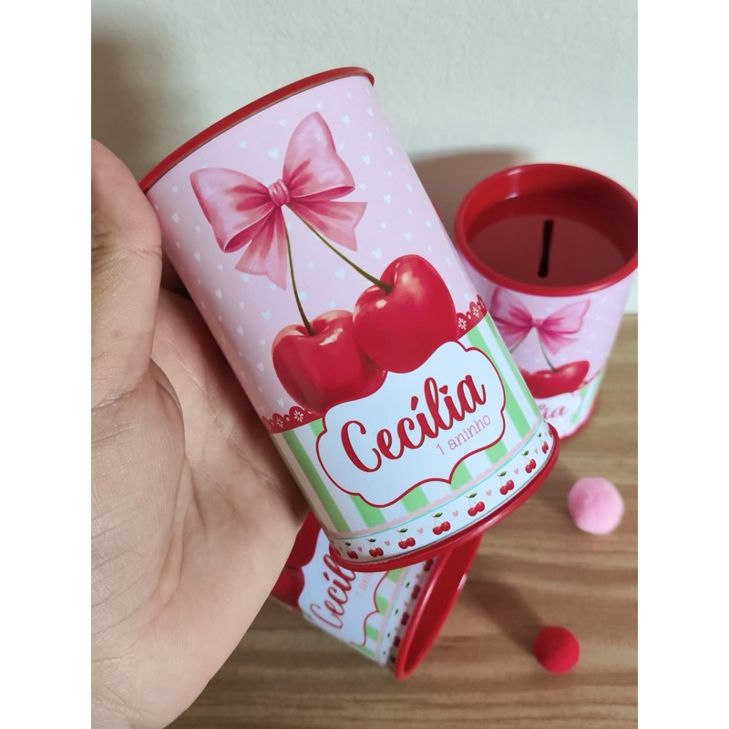 kit 30 cofrinho personalizado tema cerejinha - lembrancinha festa de aniversário rosa e azul envio rápido