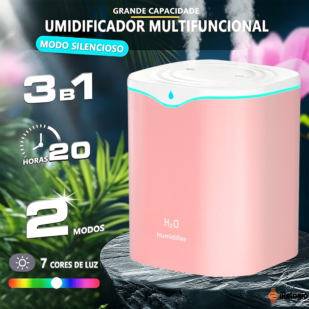 Umidificador De Ar Ultrassonico Grande 2 Litros Com Bicos Dupla Difusor De Aroma Luzes LED's Coloridas Silencioso