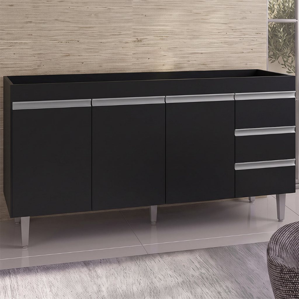 Balcão Gabinete Para Pia 160cm sem Tampo 3 Portas 3 Gavetas Andréia Branco/Preto Total - AJL Móveis