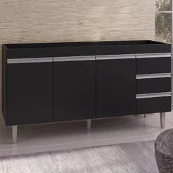 Balcão Gabinete Para Pia 160cm sem Tampo 3 Portas 3 Gavetas Andréia Branco/Preto Total - AJL Móveis