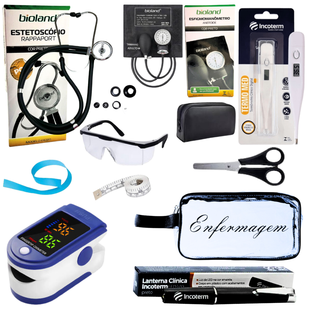 Kit Enfermagem Aparelho de Pressão + Estetoscópio Completo + Oxímetro + Lanterna +  Nécessaire