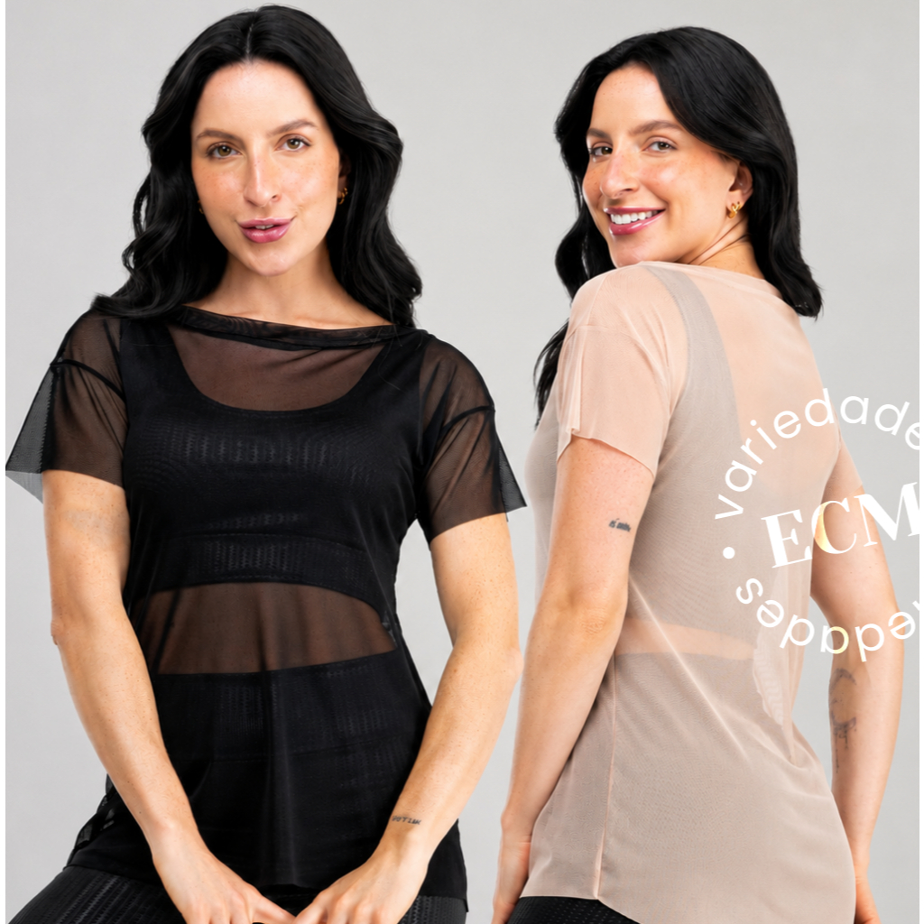 Kit 2 Blusa Feminina de Tule Transparente Camiseta Manga Curta Academia Treino Camiseta Transparência Meia Manga