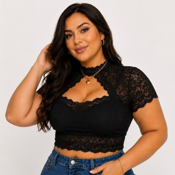 Cropped Renda Plus Size com Decote e Gola Choker - Blusa Feminina Manga Curta