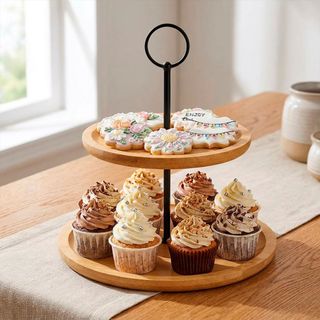 Suporte Duplo para Doces e Salgados 2 Andares feito em Bambu e Metal Porta Cupcake Decorativa Luxo