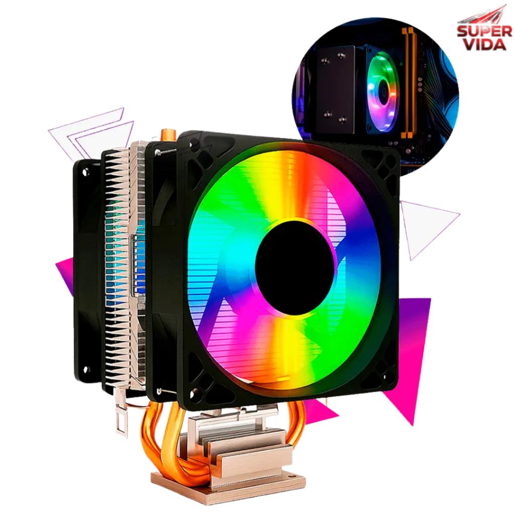 Cooler Processador Intel e AMD Fan Duplo RGB 2 Tubos Cobre TDP 130W 2100RPM Rolamento Hidráulico