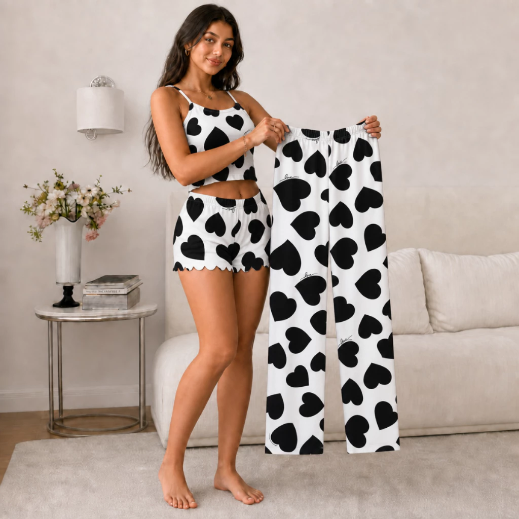 1KIT 3 PEÇAS Pijama VIRGINIA CALÇA FRIO.CROPED SHORTDOOL Blogueirinha Kit 3 Peças Blusa Shorts Calça — imagem 1