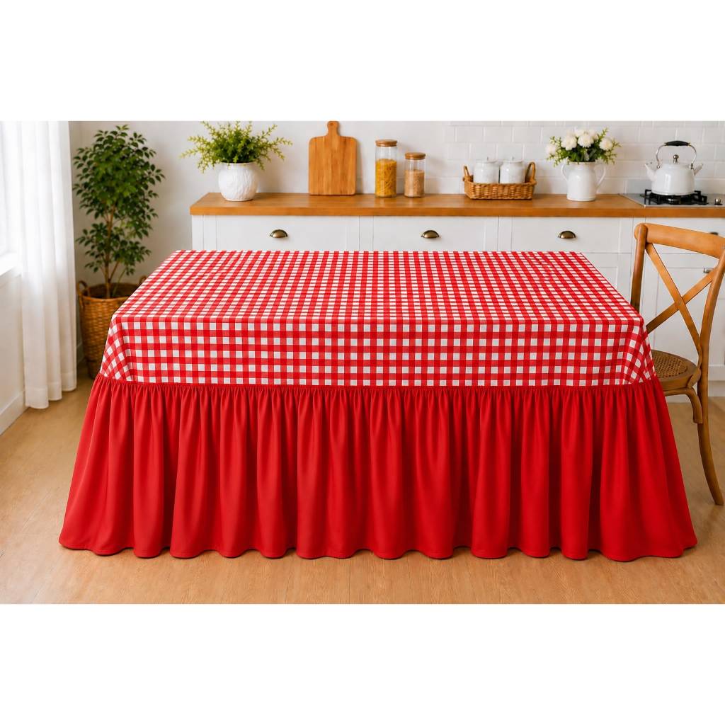 Toalha de Mesa Farm Babado Até o Chão Oxford Xadrez Fio Tinto 4, 6, 8, 10 E 12 Lugares Buffet e Festas