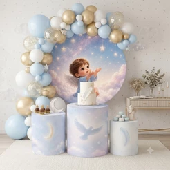 Capa Festivas Painel Redondo Trio Cilindro Batizado Anjo Decoração Festa Religiosa Sublimado Bibi