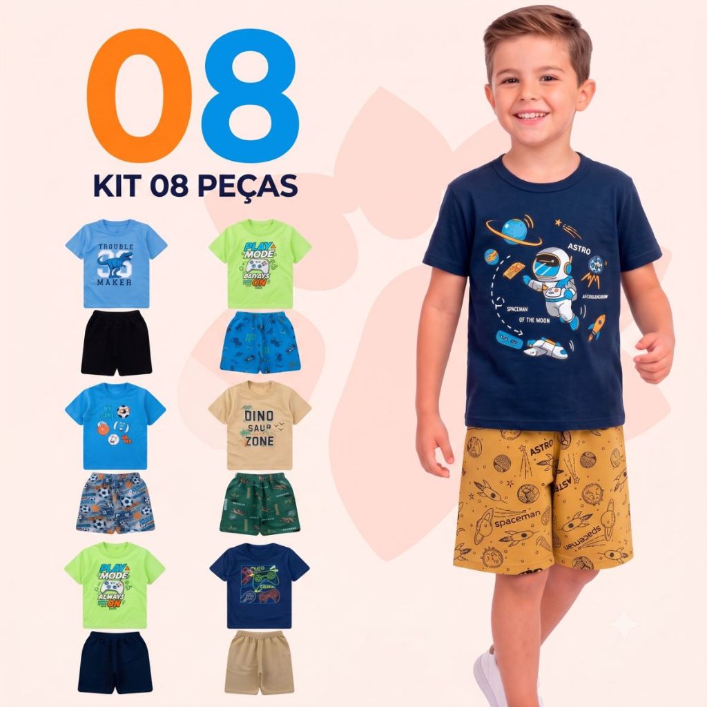 Kit Sortido 8 Peças de Roupas Infantil Menino 4 Camisetas + 4 Bermudas Conjuntos Verão Bebe Barato
