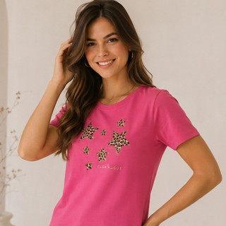 Camiseta Feminina 100% Algodão Peruano Bordada Estrelas Oncinha T-Shirt Blusa Elegante P M G