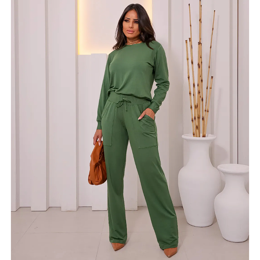 Conjunto Feminino Moletinho Manga Longa Calça Pantalona – Conjunto Casual Confortável
