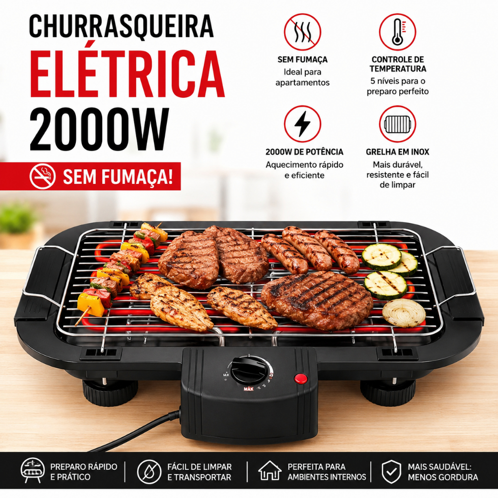 Churrasqueira Elétrica Interior Exterior Sem fumaça Grelhador Portátil Cozinha 110v ou 220v