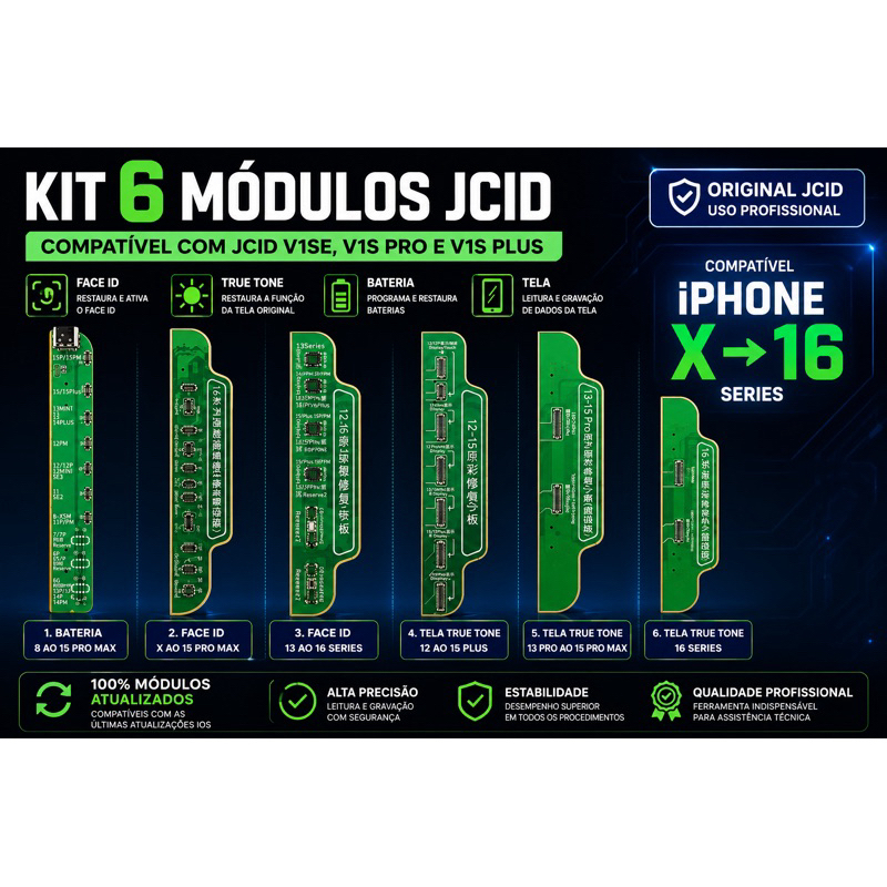 Kit 6 Módulos JCID V1SE V1S Pro | Face ID True Tone Bateria | iPhone X ao 16 Ser
