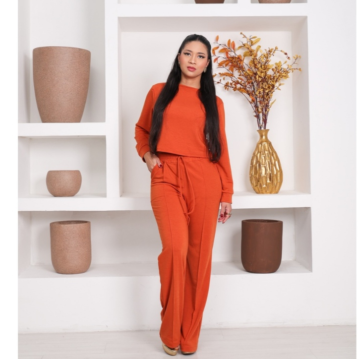 Conjunto Feminino Moletinho Manga Longa Calça Pantalona Com Bolso Cintura Elástica Moda Inverno