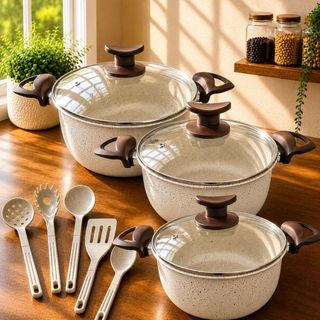 Kit Panelas Caçarolas 16, 18 e 20 cm Antiaderente 6 Camadas de Teflon e Utensílios Bege Linha Exclusiva Vanilla Premium