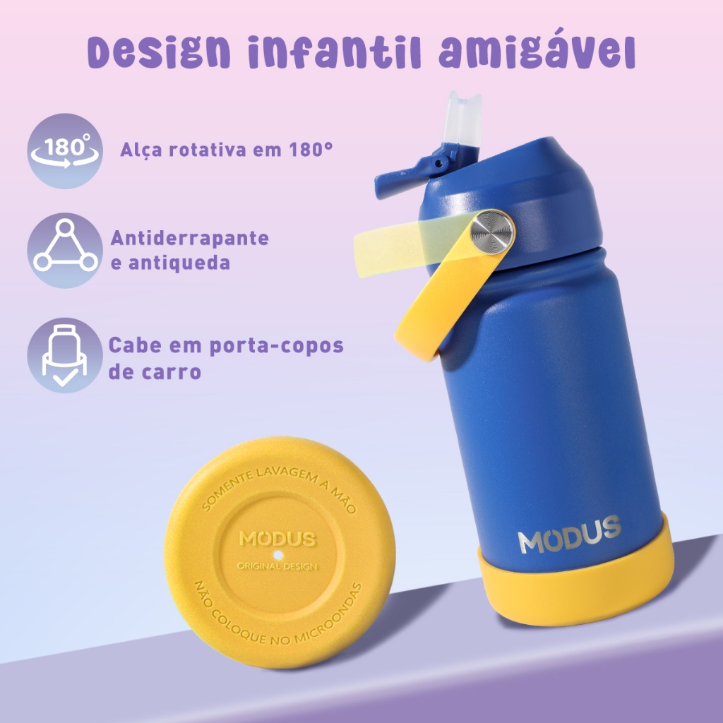 Garrafa Térmica Infantil Inox 420ml com Canudo, Antivazamento, Cores Exclusivas MODUS - Com Adesivos