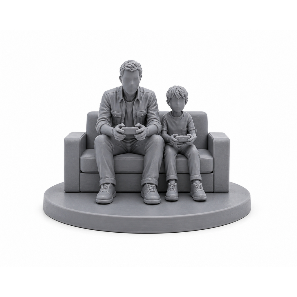 Escultura Pai e Filho Jogando Videogame 3D | Presente Dia dos Pais | Enfeite Decorativo Gamer