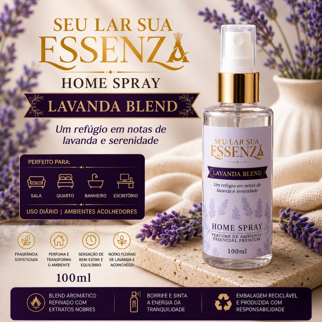 Imagem Perfume Ambiente Lavanda Blend Home Spray 100ml Seu Lar Sua Essenza Aromatizador Relaxante Calma Quarto