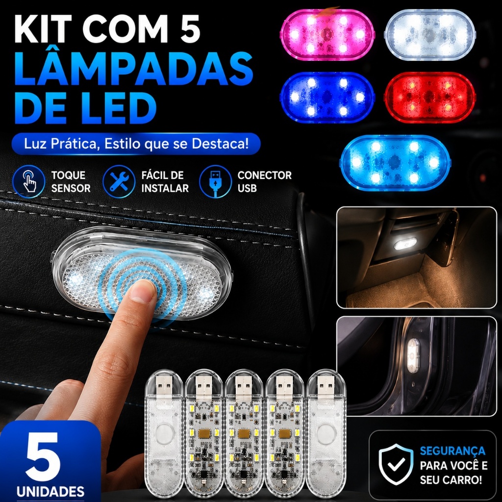 Kit 5 Lâmpadas LED USB Portátil Recarregável com Toque Luz Noturna Compacta com Velcro