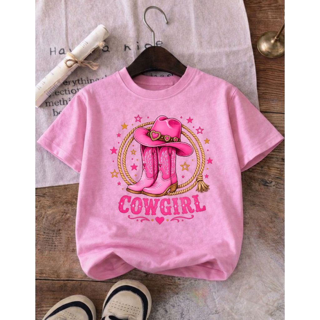 Camiseta Infantil Country Feminina Algodão Cowgirl Estampa Botinha Western Roça Criança Blusinha