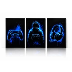 Kit 3 Quadros Gamer Neon Azul Controle Headset Decoração Quarto Gamer
