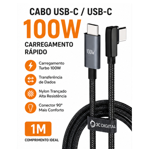 Cabo USB Tipo C USB C 100W 90 Graus 1M Carga Rápida Dados Nylon Reforçado 3C