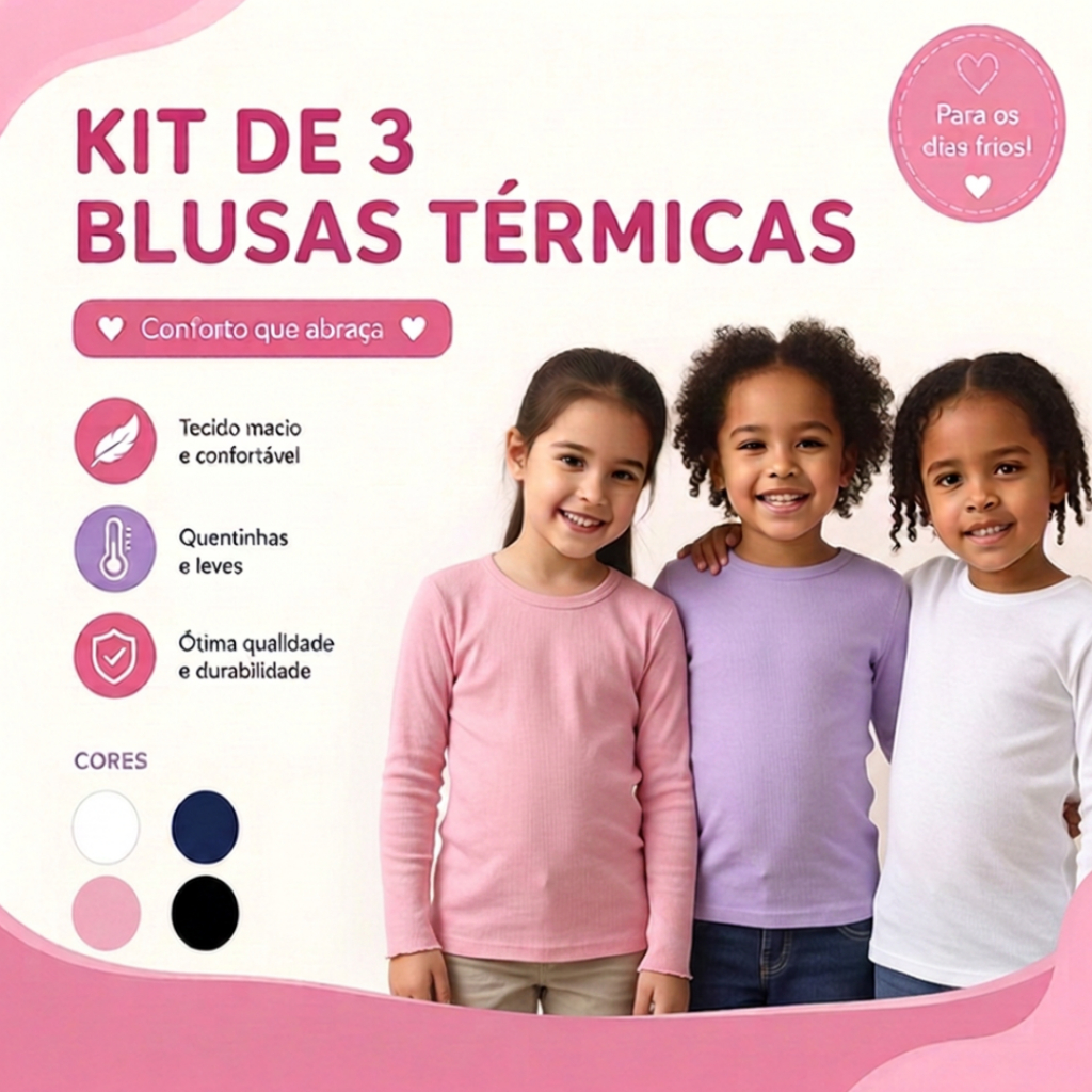 Kit 2/3 Blusas Térmicas Peluciadas Segunda Pele Manga Longa Infantil Menina