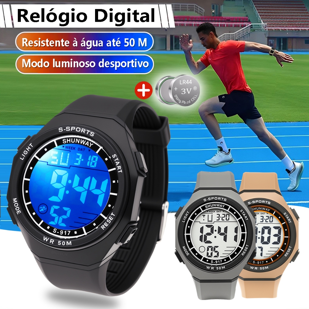 Relógio Digital Masculino À Prova D'água Uso Diário LED Noturno Esportivo Casual Resistente