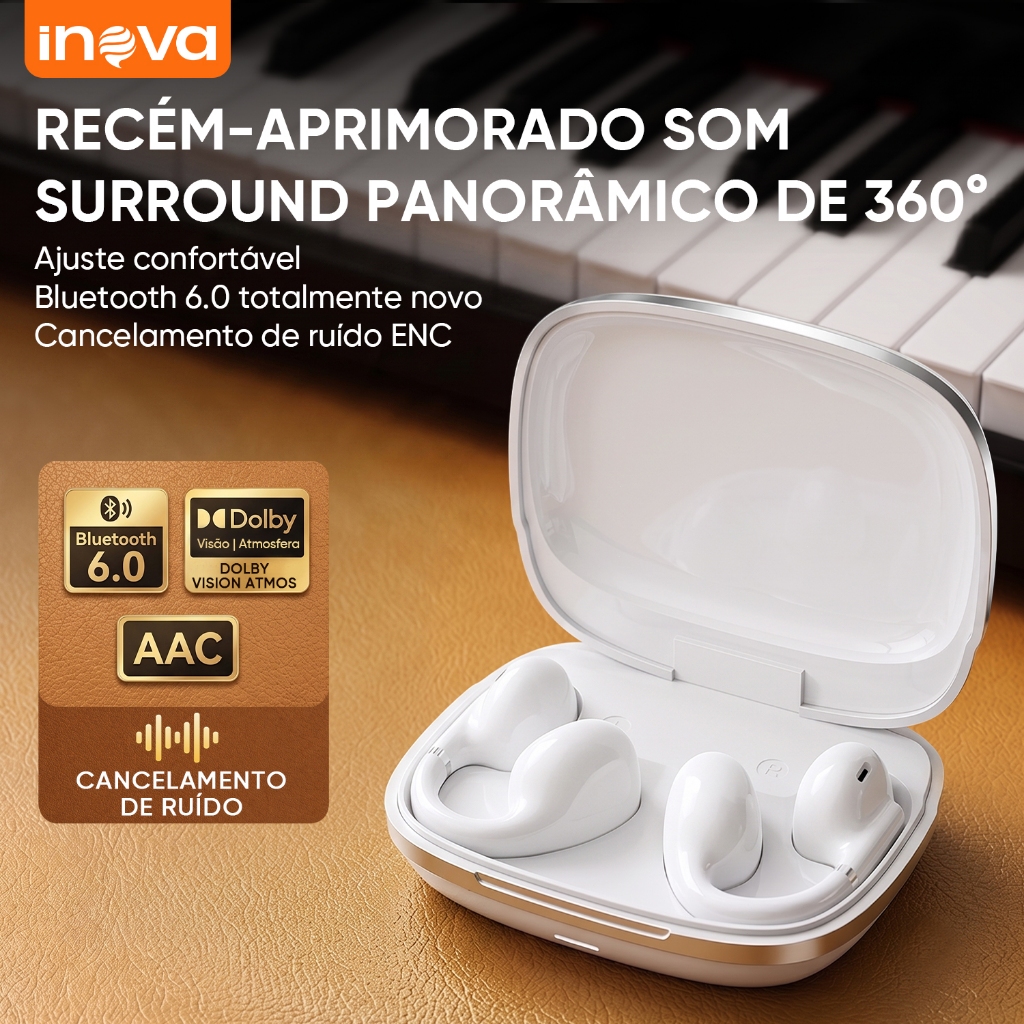 INOVA Fones de Ouvido Bluetooth 6.0 Sem Fio Tipo Clip com Microfone, Cancelamento de Ruído ENC, Bateria de Longa Duração