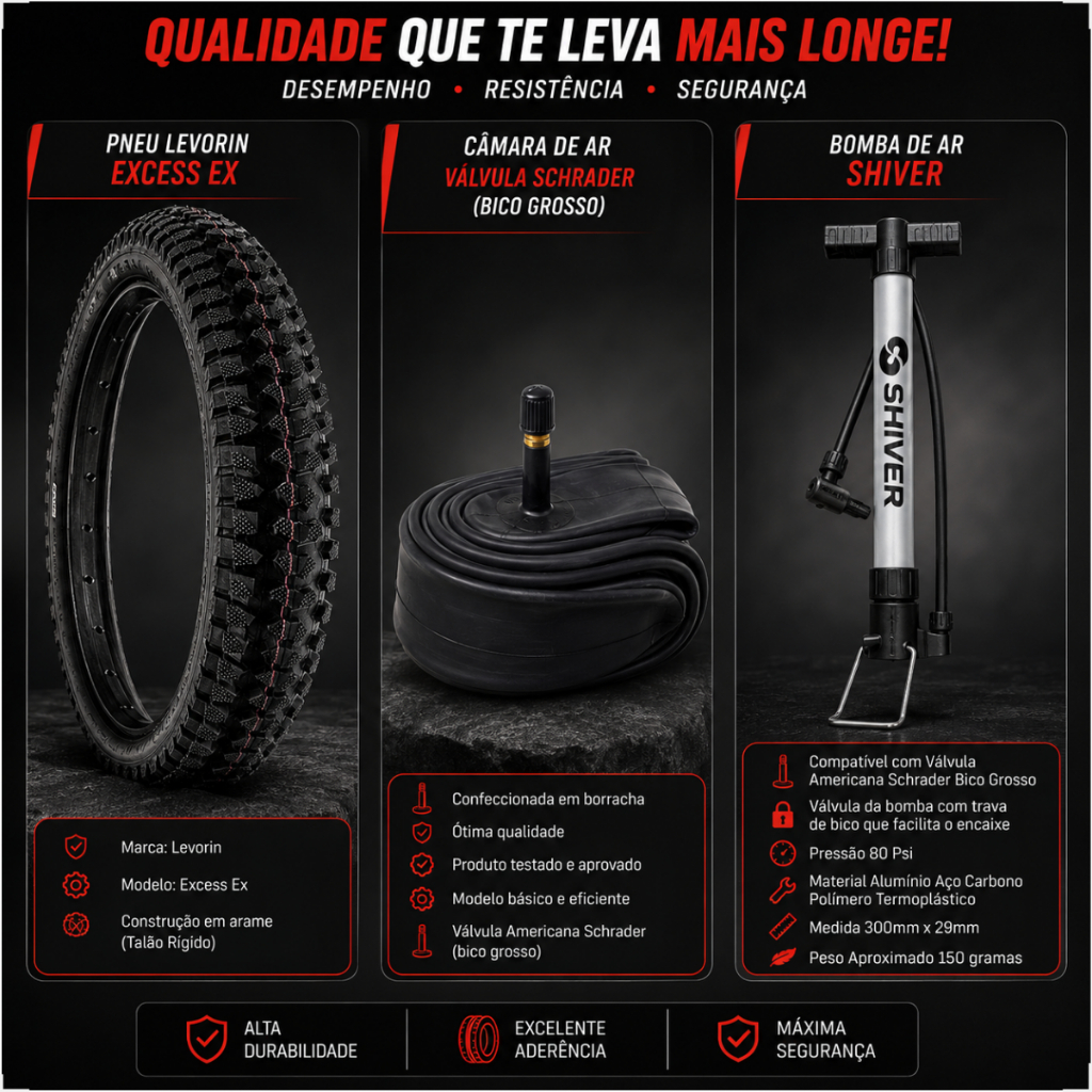 Pneu bicicleta Levorin Excess aro 24 x 1.95 Cravudo banda leve + Camara bico grosso + Brinde Bomba