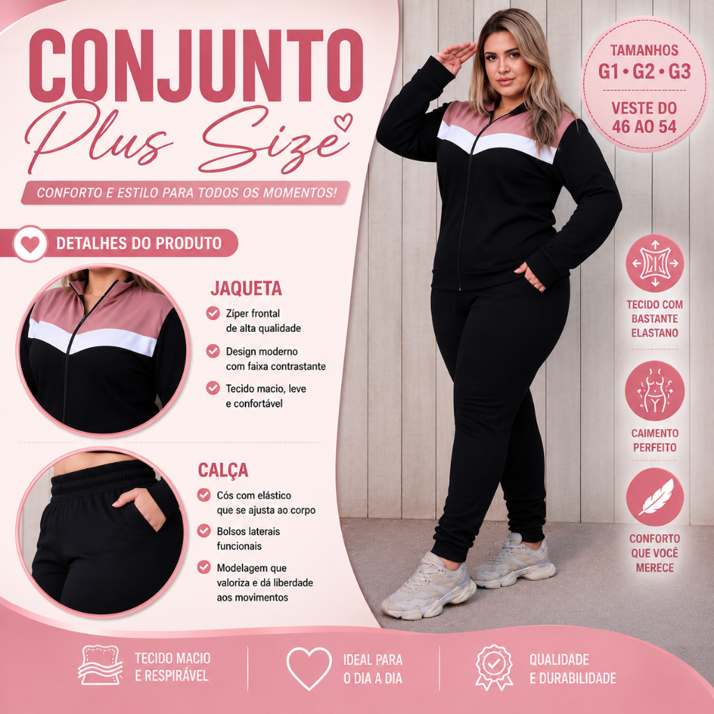 Conjunto de Frio Feminino Plus Size G1 G2 G3 Jaqueta com Zíper e Calça com Bolso Malha Confortável