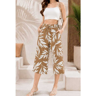 calça pantalona estampado cos alto com bolso