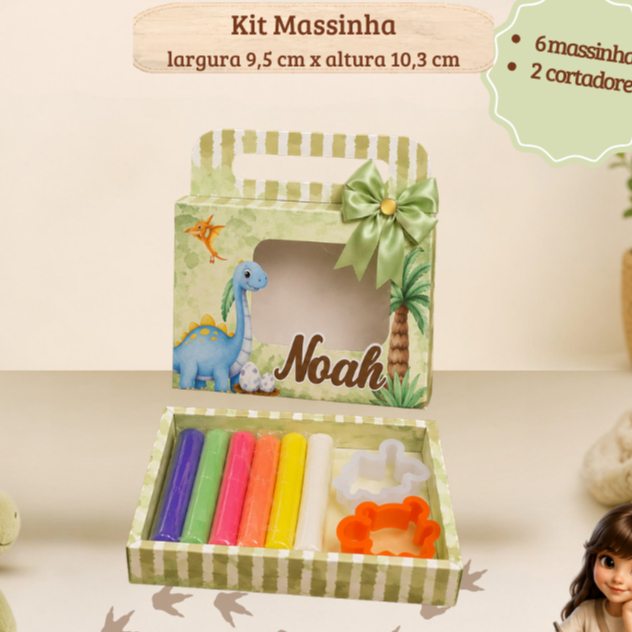 20 Kit Massinha Personalizada 6 Cores + 2 Moldes Lembrancinha Festa Aniversário Dinossauro - FAZEMOS QUALQUER TEMA