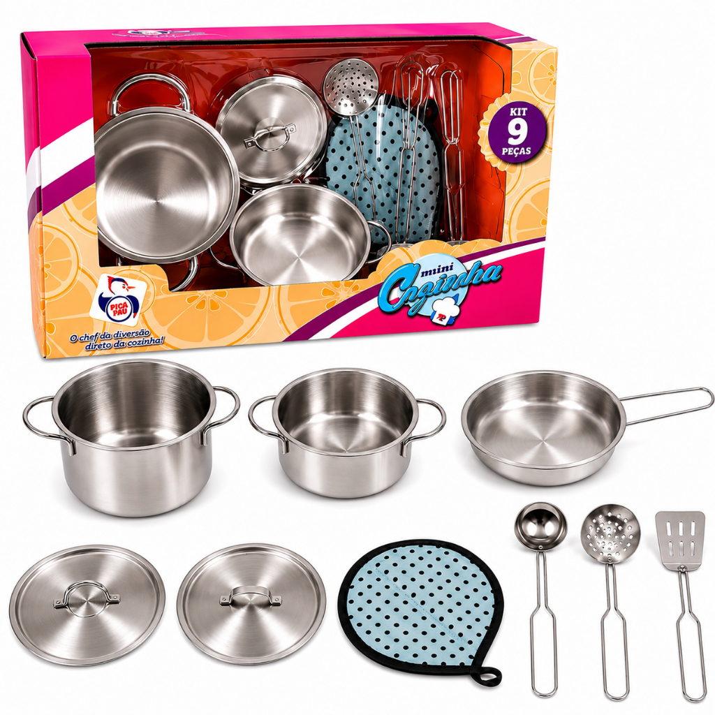 Kit Panelinhas Infantil Inox 9 Peças Mini Cozinha Brinquedo Faz de Conta Kit Cozinha Infantil