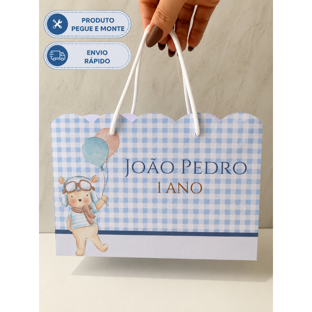 Sacolinha Personalizada Ursinho Baloeiro - Kit 10, 15, 20 e 30 Unidades festa infantil